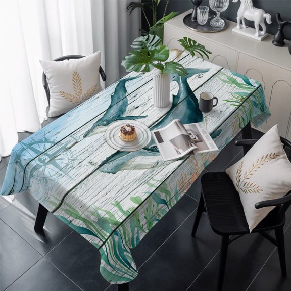 Coastal Whale Table Cloth Waterproof Tablecloths, Farmhouse Nautical Marine Life Starfish Tablecloth Dining Table Cover for Kitchen Party Tabletop Outdoor, Rectangle Tablecloth 60x120 Inch