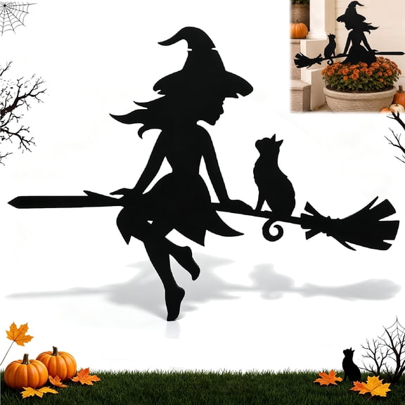 Metal Halloween Silhouette, Witch Black Cat on Branch Garden Outdoor Stakes, Hanging Halloween Decor for Living Room Entryway Courtyard Wall Home, 1PC