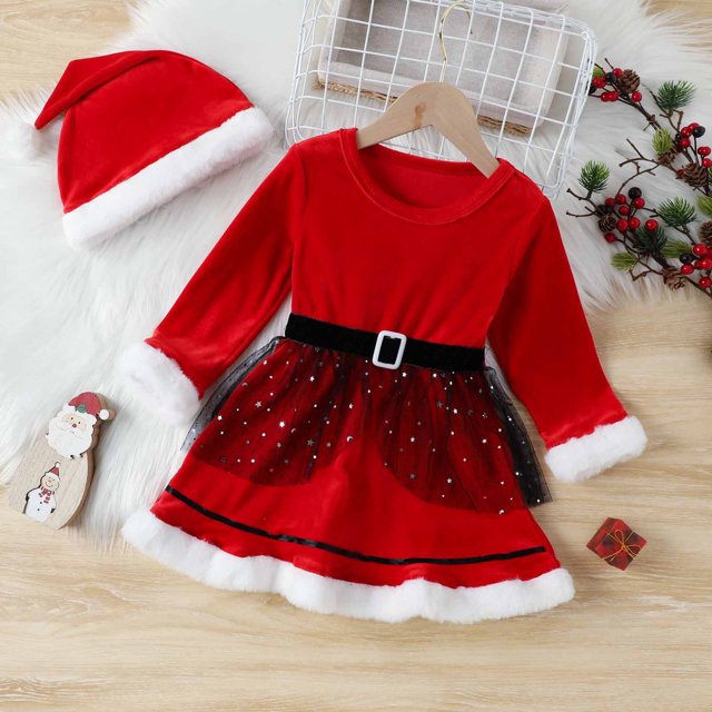 LSLJS Robe de Noël pour Tout-Petite Fille, Robe à Manches Longues pour Filles avec Coutures, Ensemble Robe et Bandeau pour Enfants, Robes de Jeu pour Filles