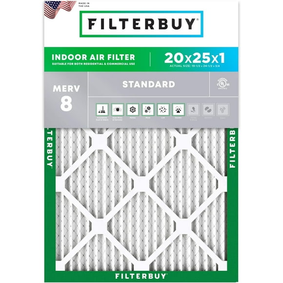Filterbuy 20x25x1 MERV 8 (MPR 600) Dust Defense, Pleated HVAC AC Furnace Air Filters (1-Pack)