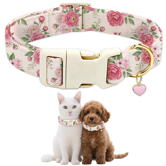 Roses Dog Collar Flowers Puppy Collar Pink Adjustable Pet Collars with Quick Release Buckle for Small Dogs Walking Running
