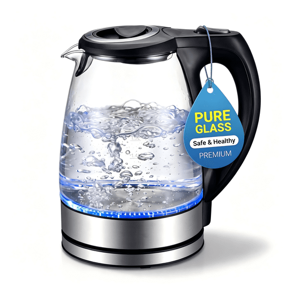 Yilush Electric Kettle, No Plastic Contact With Water, Wide Mouth For Easy Cleaning, Auto Shut Off, 1.7L Tea Kettle & Hot Water Boiler, Water Heater & Teapot, Borosilicate Glass, Black, 1500W