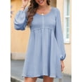 thumbnail image 5 of Women'S Casual Dresses Smocked Crewneck Button Up Long Sleeve Waist A-Line Mini Dress Sky Blue XXL, 5 of 9