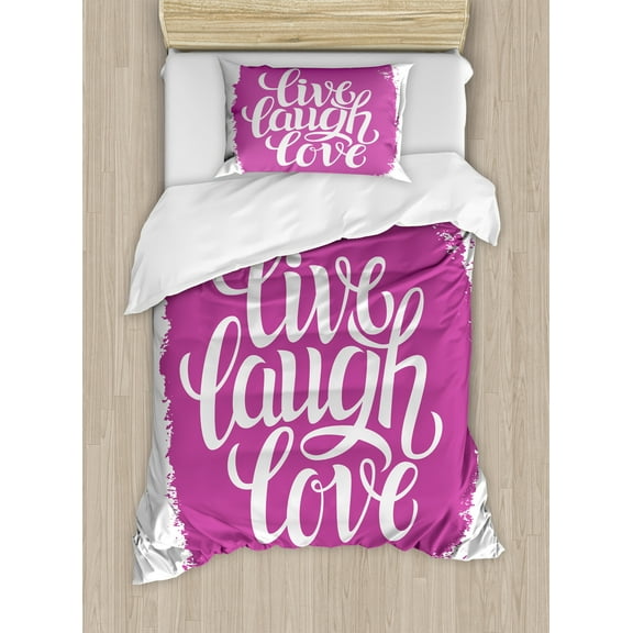 Live Laugh Love Duvet Cover Set, Lifestyle Typography on Paintbrushes Urban Illustration, Decorative 2 Piece Bedding Set with 1 Pillow Shams, Twin Size, Fuchsia White, by Ambesonne