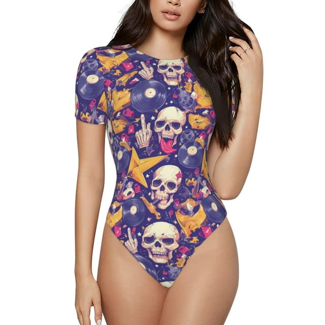 KLL rock Skull record pour Justaucorps à Manches Courtes pour Femmes, Justaucorps Aguichant une Pièce Col Rond Shapewear Contrôle du Ventre-TG