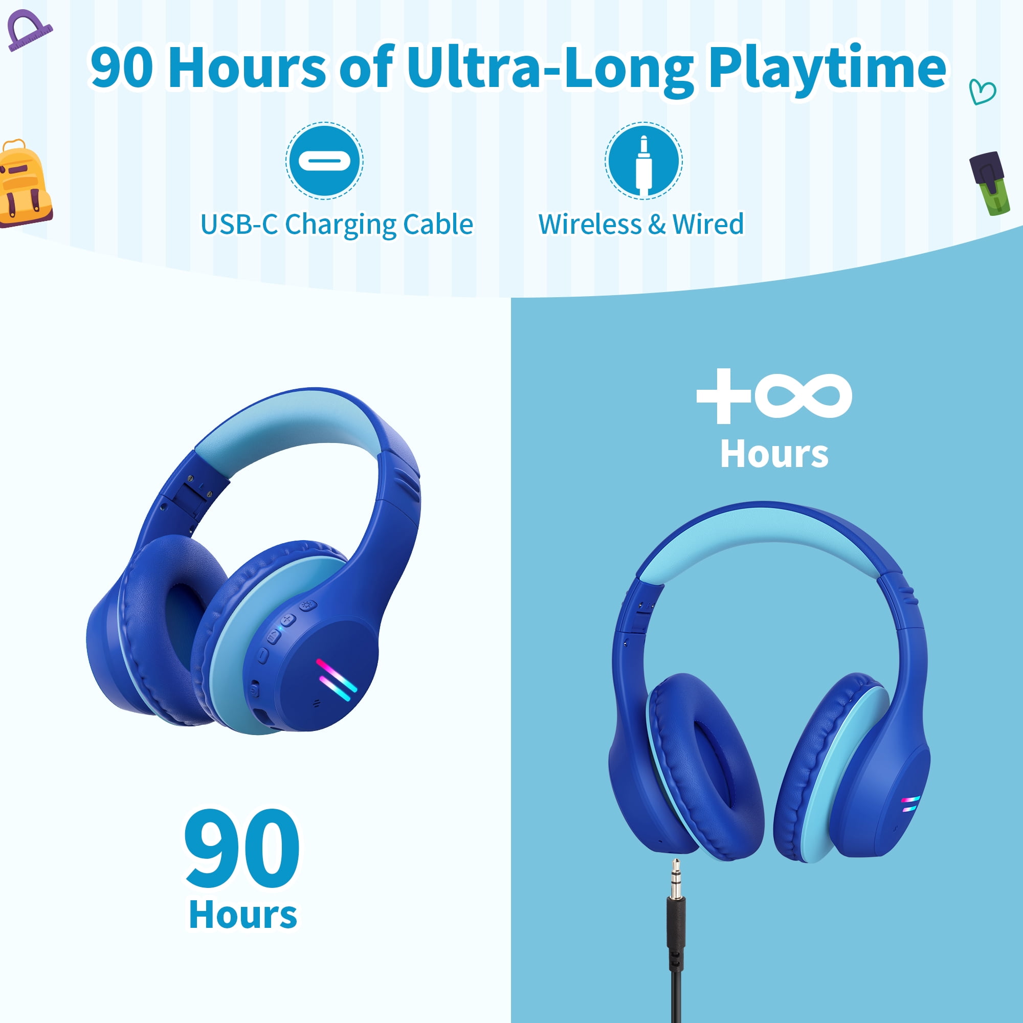 Mpow Kids Headphones Wireless, Kids Headsets with Microphones & Colorful LED Lights, 74/85/94dB Safe Volume, 90H Playtime, Fast Charging, Over Ear Toddler Headphones for School/Tablet/Airplane,Blue