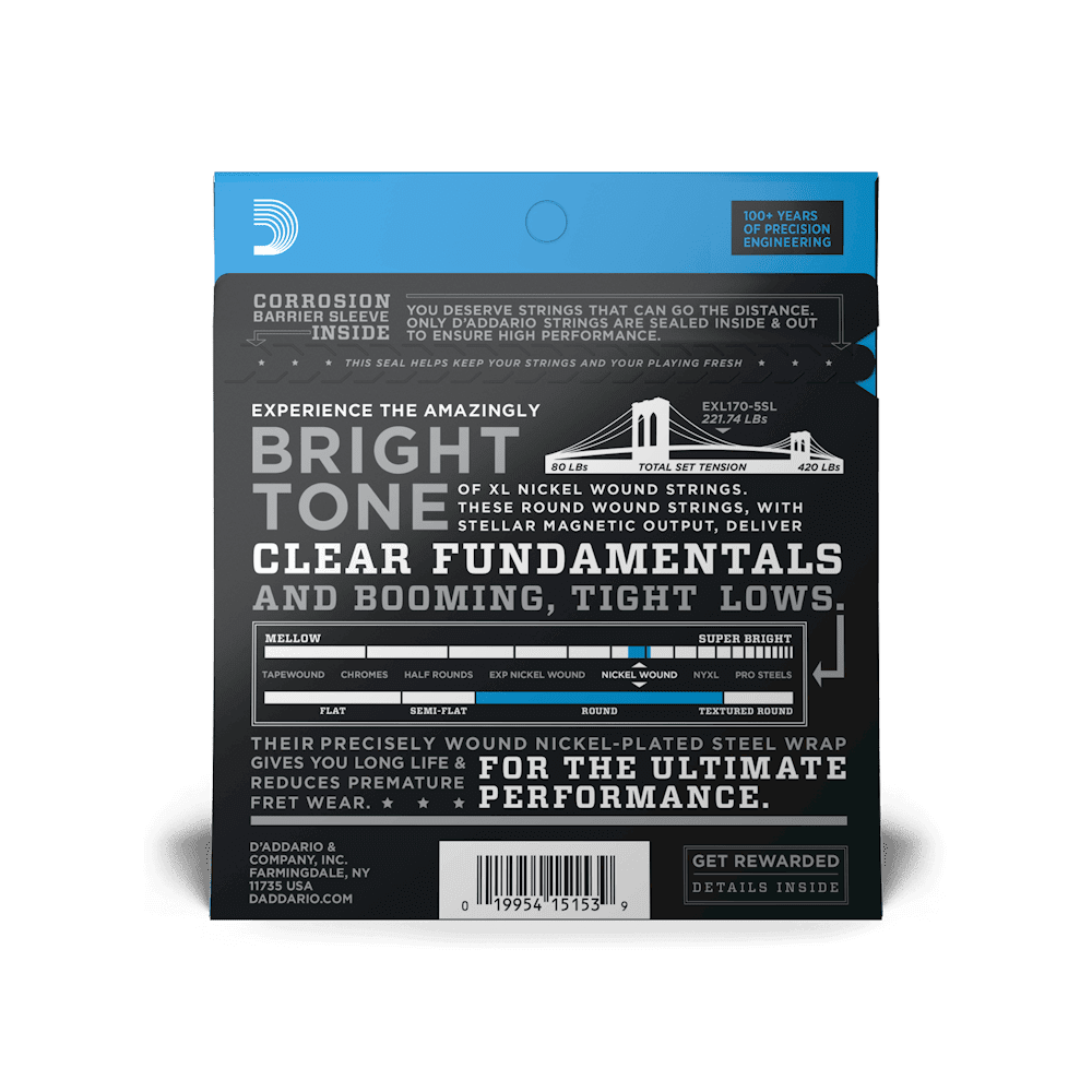 D'Addario EXL170-5SL 5-String Nickel Wound Bass Guitar Strings, Light, Super Long Scale