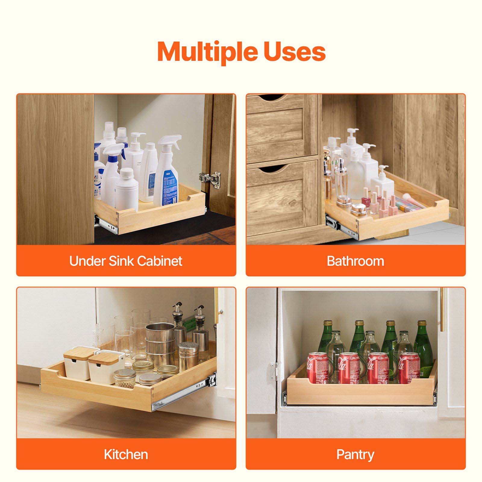 Pull Out Cabinet Organizer, 17"W x 21"D Wood Sliding Shelf - Soft Close Kitchen Cabinet Drawer, Birch Wood, Single Tier - Under Sink Organizer, Base Cabinet Storage