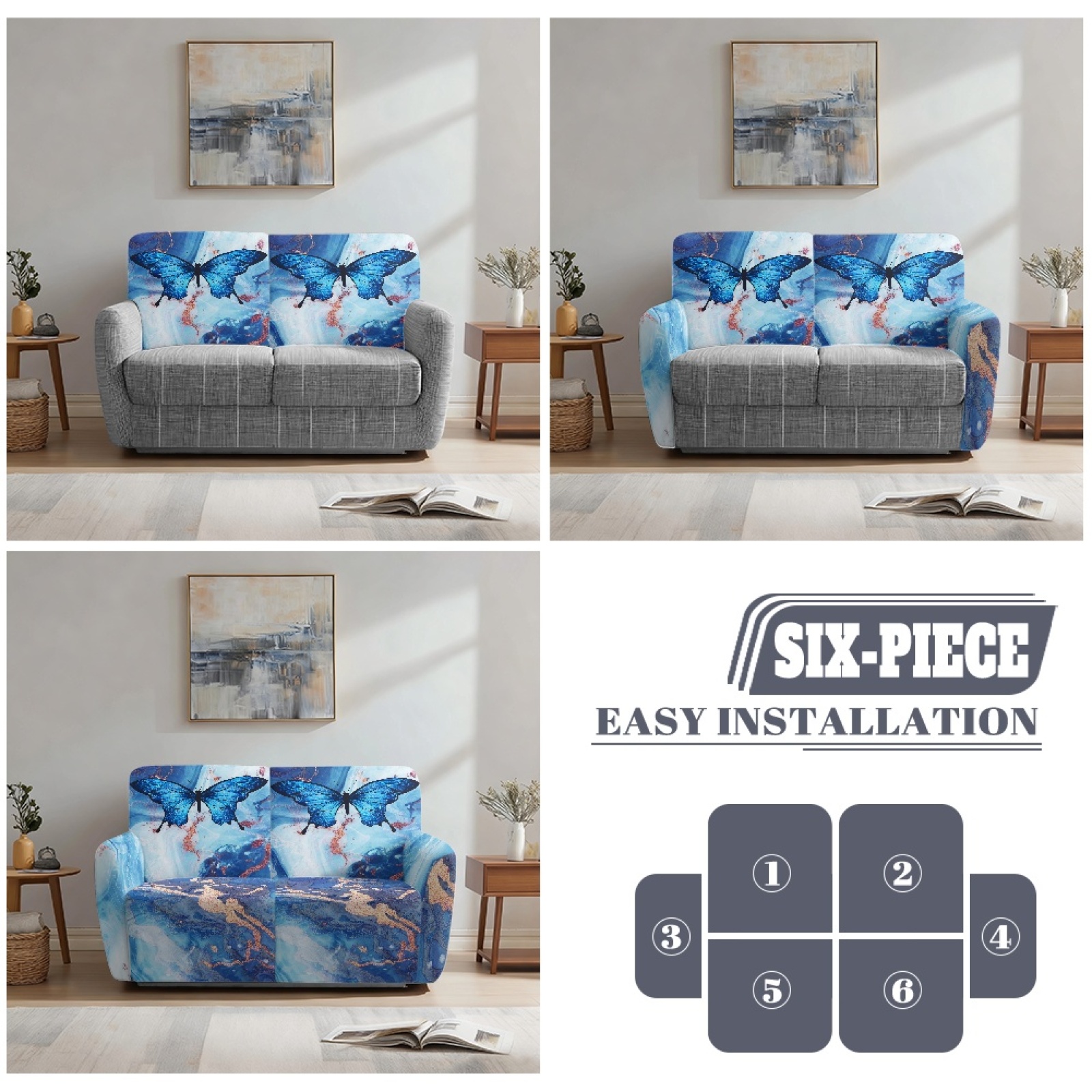 Xoenoiee Blue Butterfly Marble Print Recliner Loveseat Covers, 2 Seater Recliner Couch Covers for 2 Cushion Couch 6 Pieces Stretch Dual Reclining Loveseat Couch Covers