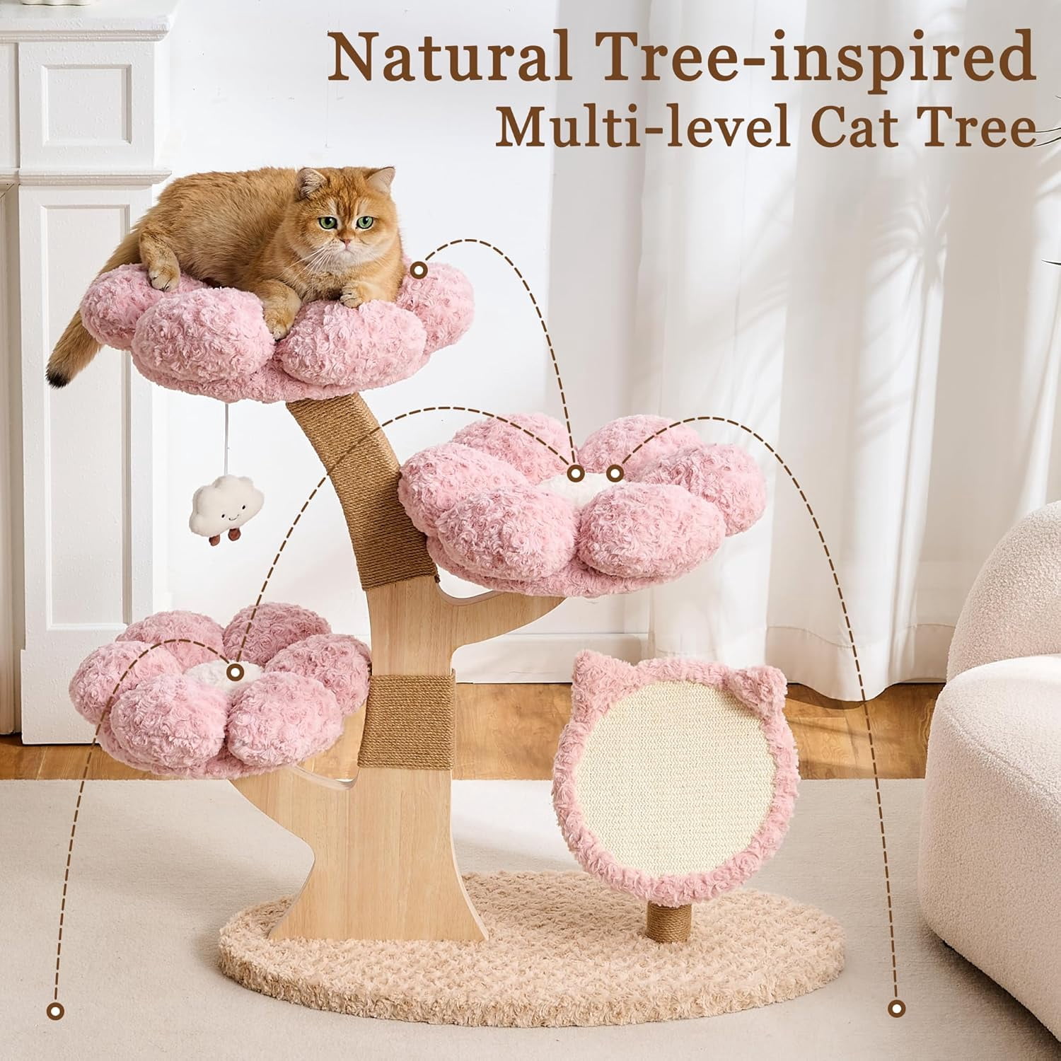 Modern Cat Tree Tower for Indoor Cats Large Adult, 37 inch Flower Cat Tree with Scratching Post, Luxury Aesthetic Cat Tree with Cloud-Soft Flower Perches and Physical Mouse-Sound Hanging Toy