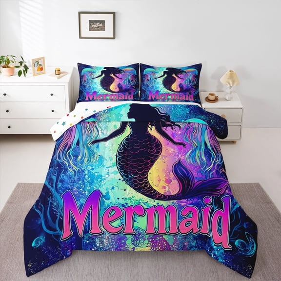 Erosebridal Cartoon Mermaid Bedding Twin Comforter Set, Ocean Princess Comforter Sets Twin Size, Marine Sealife Reversible Down Comforter, Ultra Soft Room Decorative, 2pcs