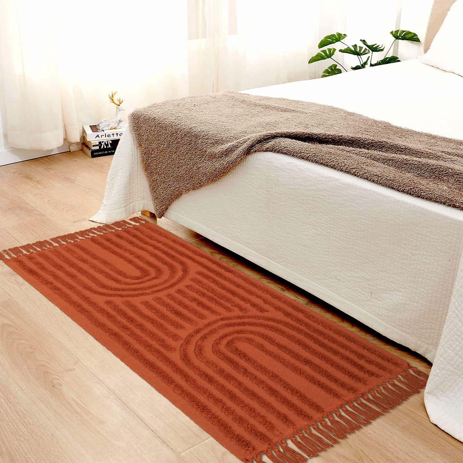 SUNDEREY Hallway Runner Rug 2'x6', Terracotta Washable Bathroom Rug Runners, Cotton Woven Kitchen Runner Rugs with Tassel, Farmhouse Tufted Rainbow Bedroom Runner Rug for Laundry Entryway,Red