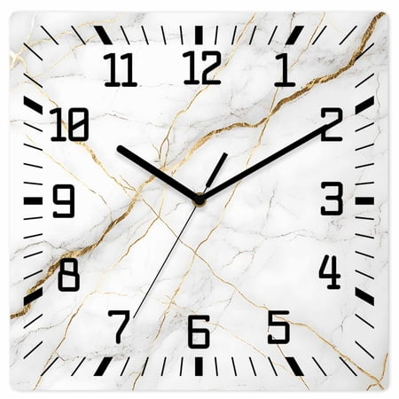 Marble Wooden Wall Clock Silent Non Ticking Grey Golden Crack Minimalistic Abstract Square Wall Clocks Battery Operated Decor Clock for Home Office Living Room Kitchen 12 Inch