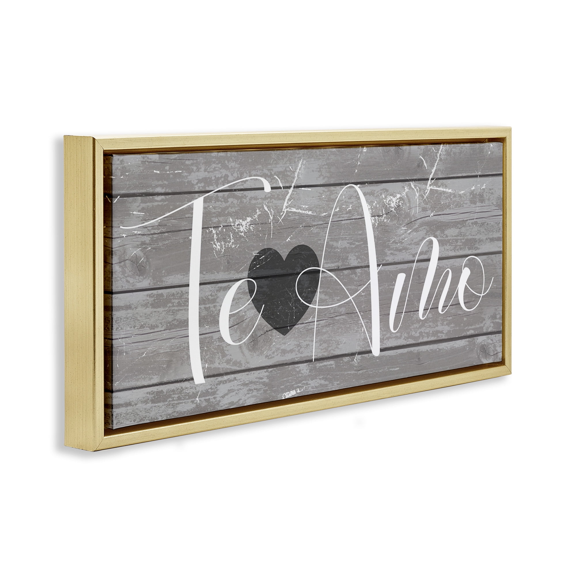 Stupell Industries Te Amo Romantic Rustic Typography Painting Gold Floater Framed Canvas Art Print Wall Art, 25 x 11