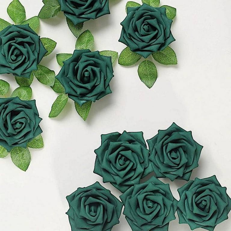 24 Roses  5 Hunter Emerald Green Artificial Foam Flowers Stem Leaves