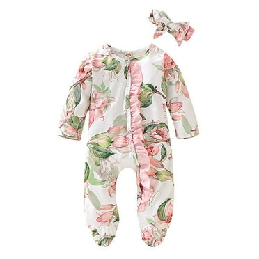 BJUTIR Baby Girls Bodysuits Outfit Baby Girl Boy Ruffle Floral Footed Sleeper Romper Headband Clothes Outfits Set For 0-3 Months