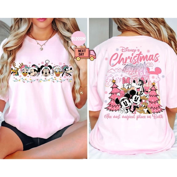 Comfort Colors® Retro 2-Sided Disney Christmas Pink Lights Shirt, Cute Mickey And Friends Xmas Tshirt, Disney Mickey's Very Merry Christmas