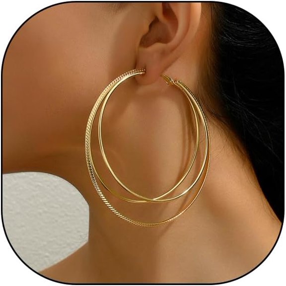 Chunky Gold Three Layered Hoop Earrings, Minimalist Plain Circle Exaggerated Dangling Earrings, Punk Hip Hop Statement Jewelry Gift