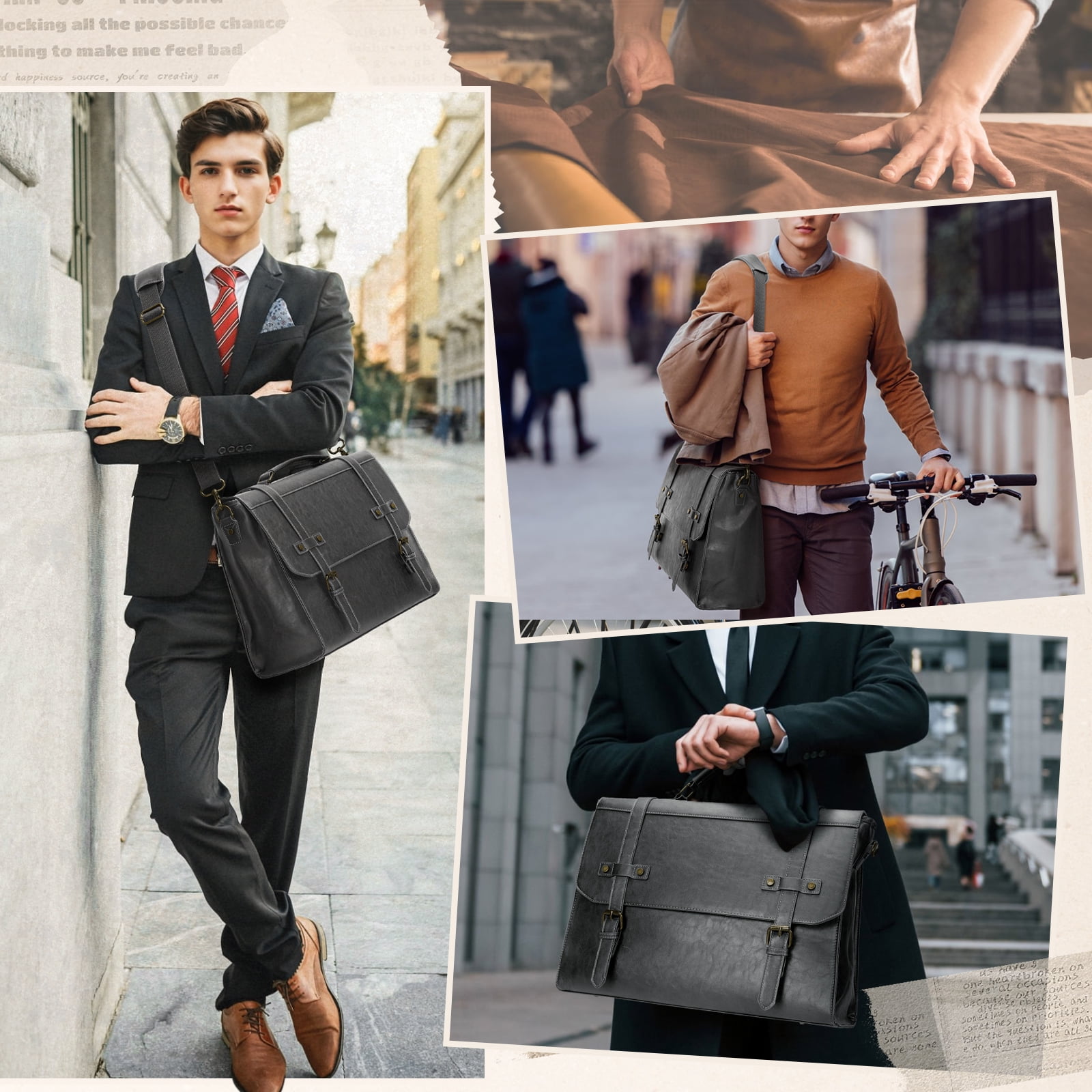 RAINSMORE Mens Messenger Bag 17 Inch Waterproof Vintage Leather Laptop Briefcase Satchel Bag Computer Shoulder Bag Large Laptop Bag for Office Business Travel College,Gray