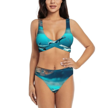 Zeuib Hawaiian Ship Dolphin High Waisted Tummy Control Bikini Set - Knot Front Push Up Top & Cheeky Thong Bottom  Two-Piece Swimsuit for Women-XX-Large