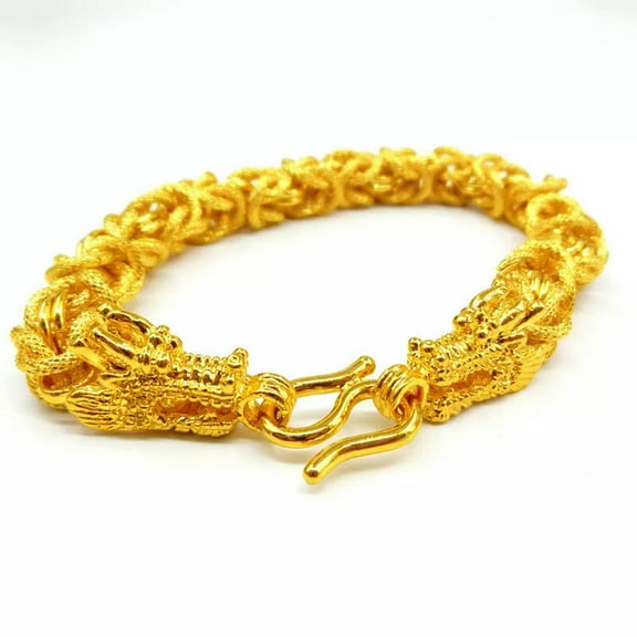 K-KED Cool 24K Yellow Gold Plated Two Dragon Heads Strong Men's Chains Bracelet 8"