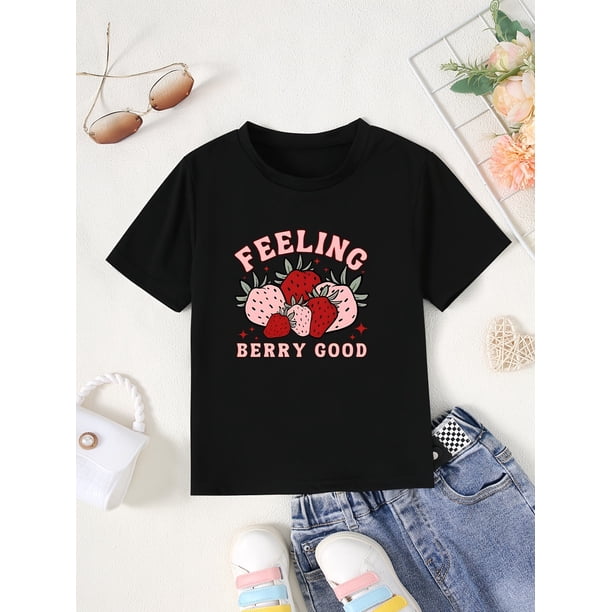camiseta de verano para niña con estampado de fresas de dibujos animados - Top informal de punto de poliéster con cuello redondo y ligero estiramiento, corte regular - Manga corta 100 % poliéster