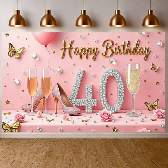 Pink Background Happy 40th Birthday Banner Gold Lettering 40th Birthday Display Decorated Butterfly Accents Birthday Backdrop for 40th Birthday Party Women's Celebration Luxury Party Decoration