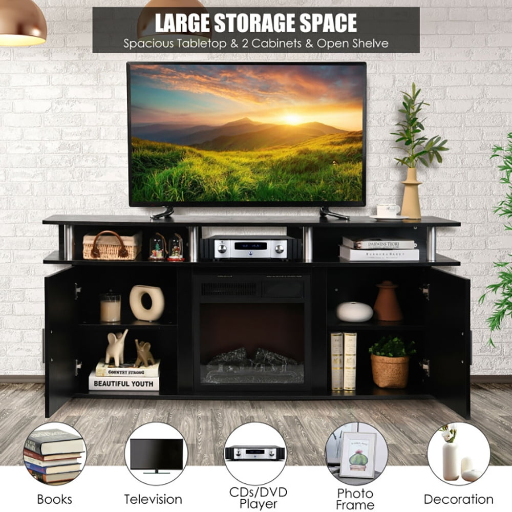Finihen TV Stand, TV Cabinet, 63 Inch TV Entertainment Console Center with 2 Cabinets, Media Entertainment Center with Storage, for Living Room, Bedroom, Black