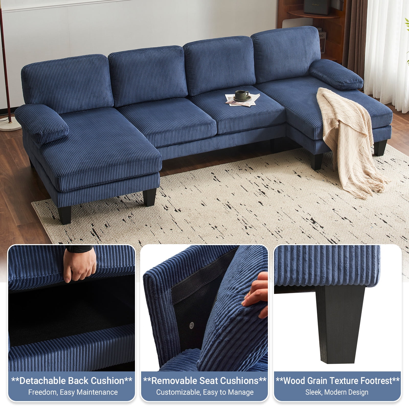 Ktaxon U-Shaped Sectional Sofa, 111 Inch Corduroy Couch, 4 Seat