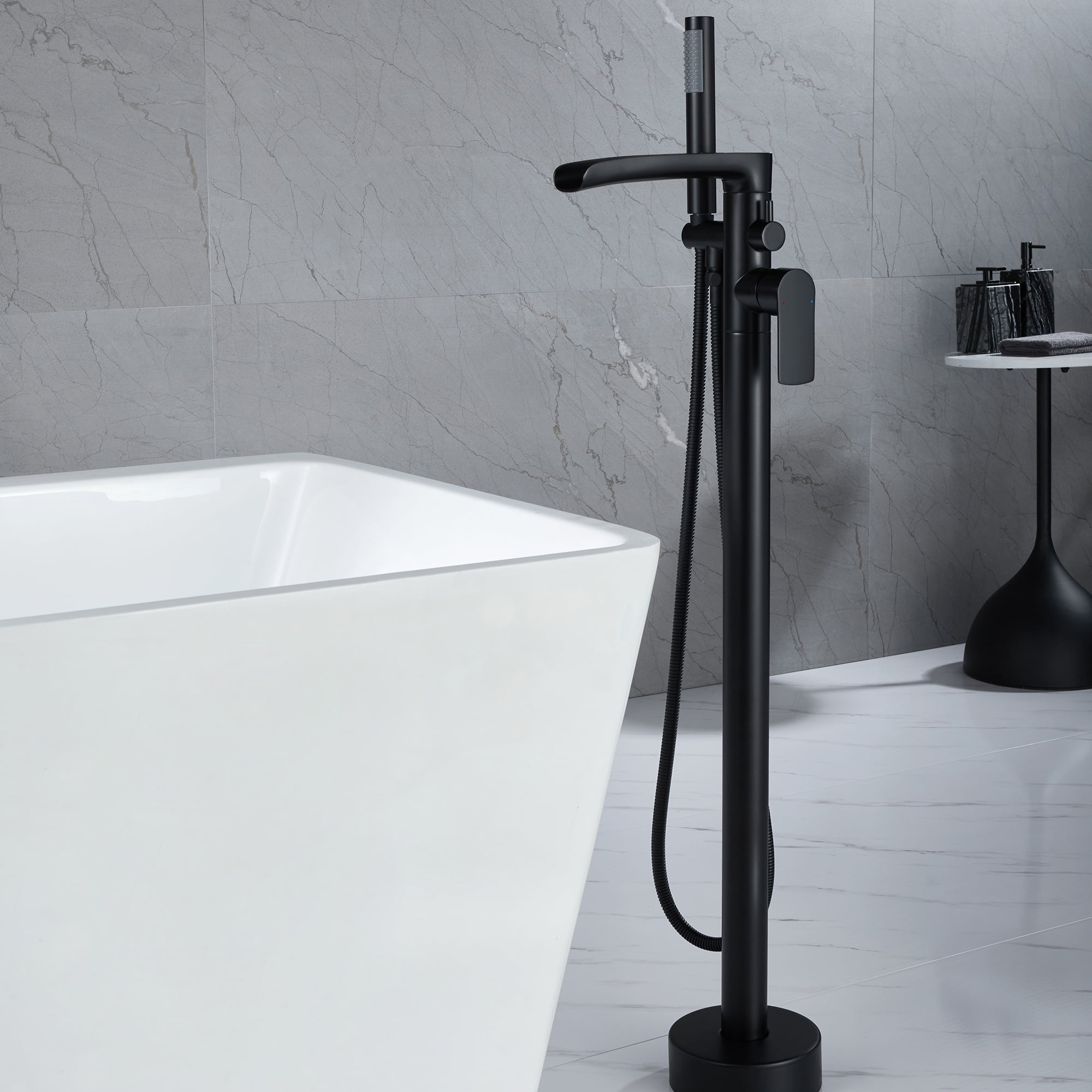 Freestanding Waterfall Bathtub Filler, Floor Mount Clawfoot Tub Faucets with Handheld Shower