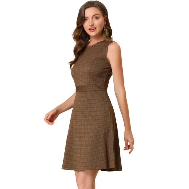 Vestido De Tweed A Cuadros Sin Mangas Para Mujer Vestidos De Trabajo De Pata De Gallo Entallados Y Acampanados Marrón S INSPIRE CHIC Vestido