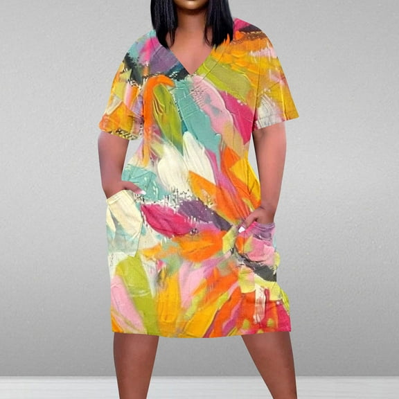 Plus Size Dress For Women V Neck Summer Printing Casual Sundresses Pocket Knee Short Sleeve With Pockets