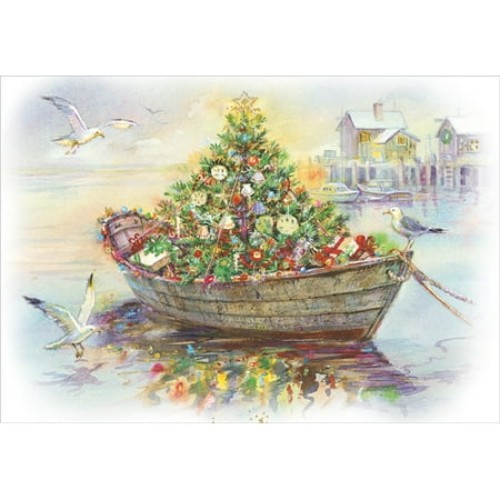 Christmas Tree Farm Photos Red Farm Studios Boat Carrying Decorated Tree Box of 18 Nautical Christmas Cards ()