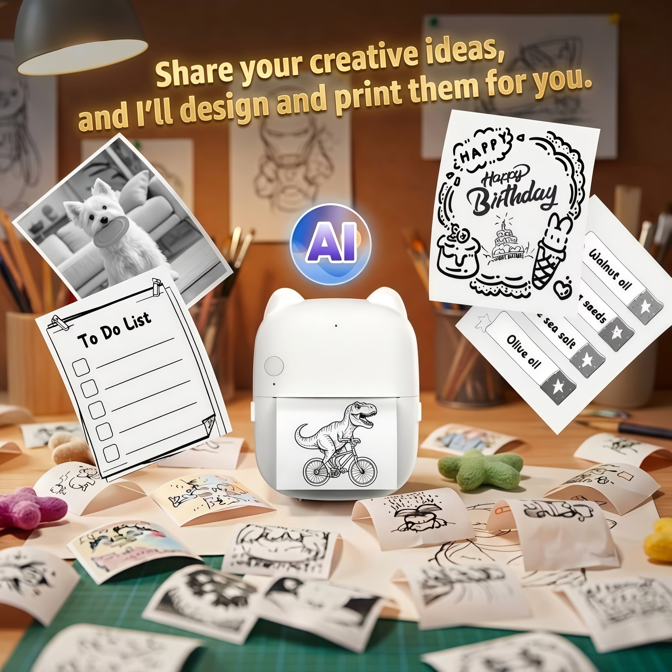 AI Voice-to-Image Mini Printer, Portable Inkless Thermal Printer with AI Image Generation & Voice Q&A, Bluetooth Sticker Printer with Thermal Paper for DIY, Journaling & Family Creative Time  - Black