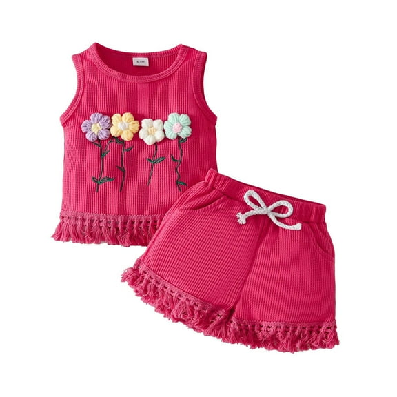 YuYuBao Toddler Girls Outfits Sets Summer Sleeveless Embroidery Flowers Vests Tops   Tassels Shorts Outfits Loose Girls Beach Clothing Sets, 9-12 Months