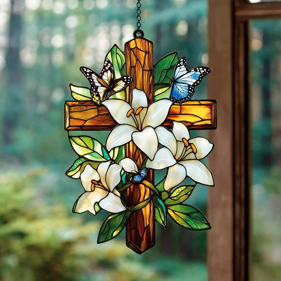 Lily & Butterfly Cross Acrylic Suncatcher | Christian Faux Stained Glass Window Hanging Christmas Gift Religious Decor Gift for Mom