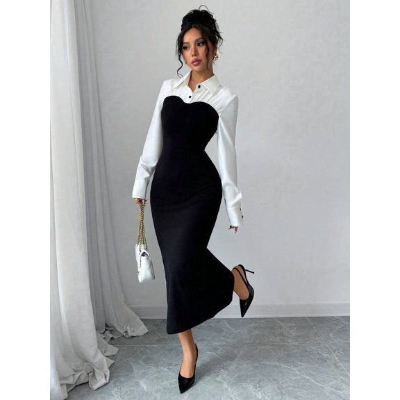 Black And White Two-Tone Long-Sleeve Midi Dress With Collared Shirt Top And Fitted Black Skirt