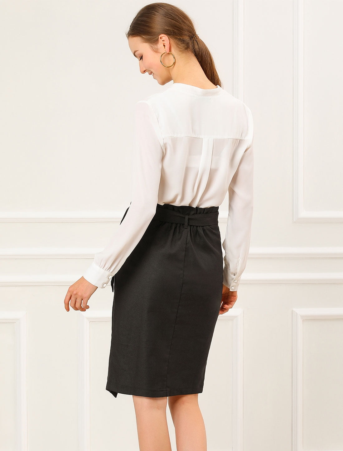 DARING DIVA Women's Asymmetrical Front Split Belted Midi Pencil Skirt L Black