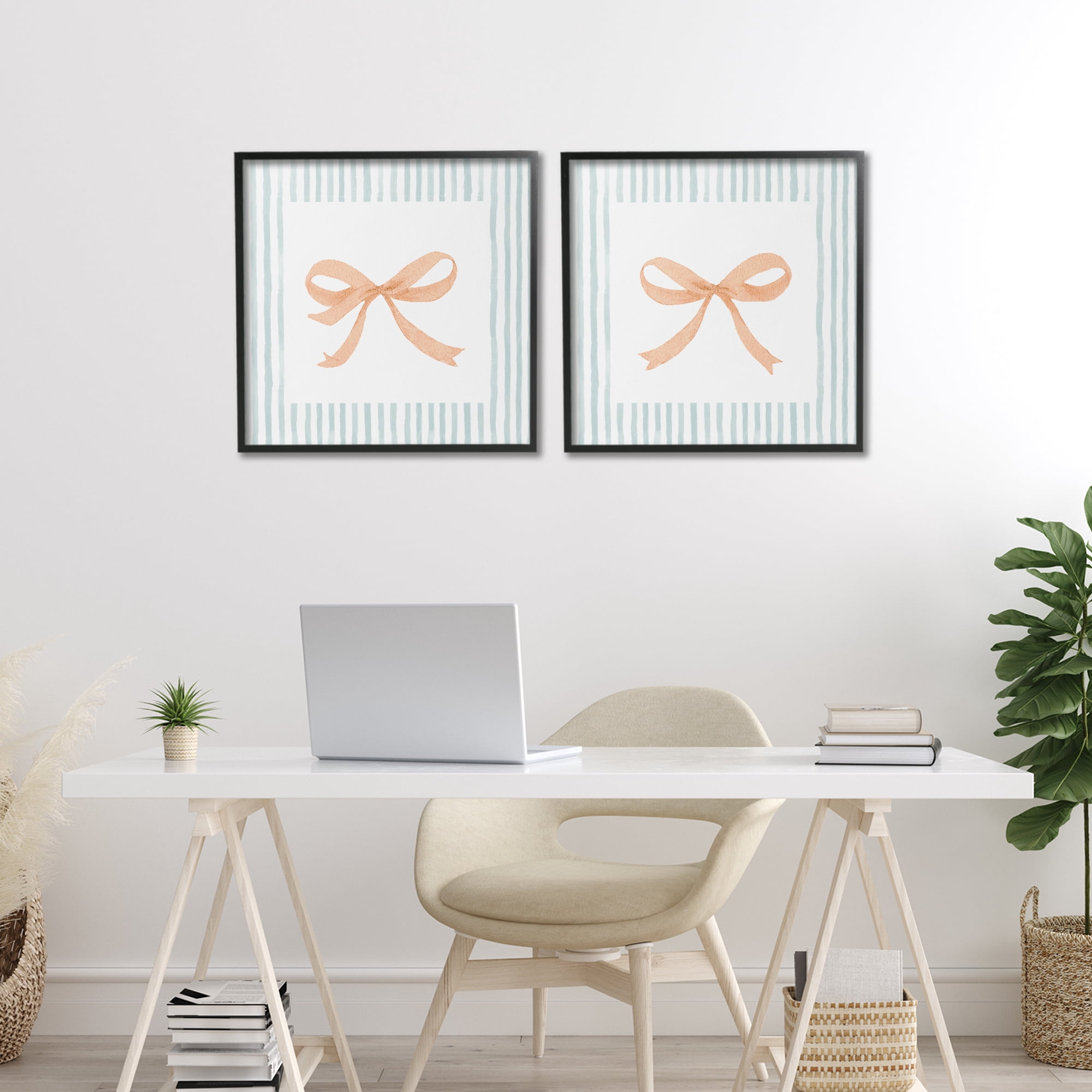 Stupell Industries Orange Bows and Blue Stripes 2 Piece Black Framed Giclee Art Set, design by Patricia Pinto