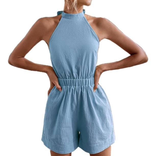 Gibobby pantalones de yoga Mono de color sólido para mujer, cuello colgante de verano, sin mangas, sin espalda, con cordones(Azul, S)