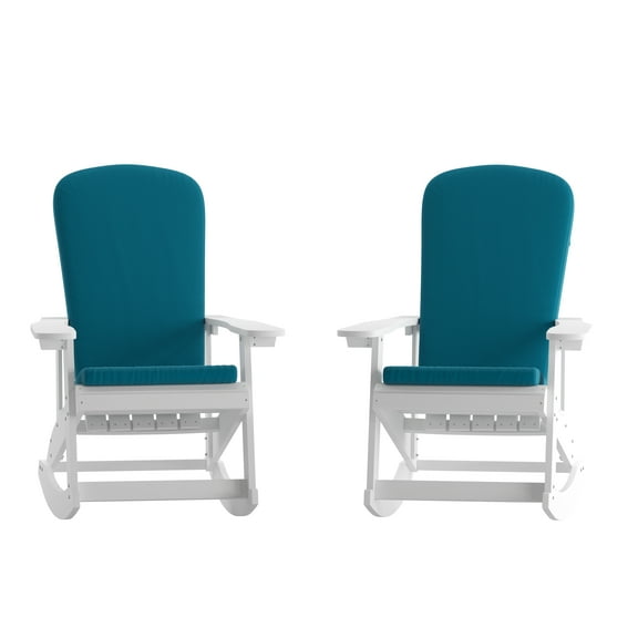 Flash Furniture Savannah Set of 2 All-Weather Poly Resin Wood Adirondack Rocking Chairs in White with Teal Cushions for Deck, Porch, and Patio