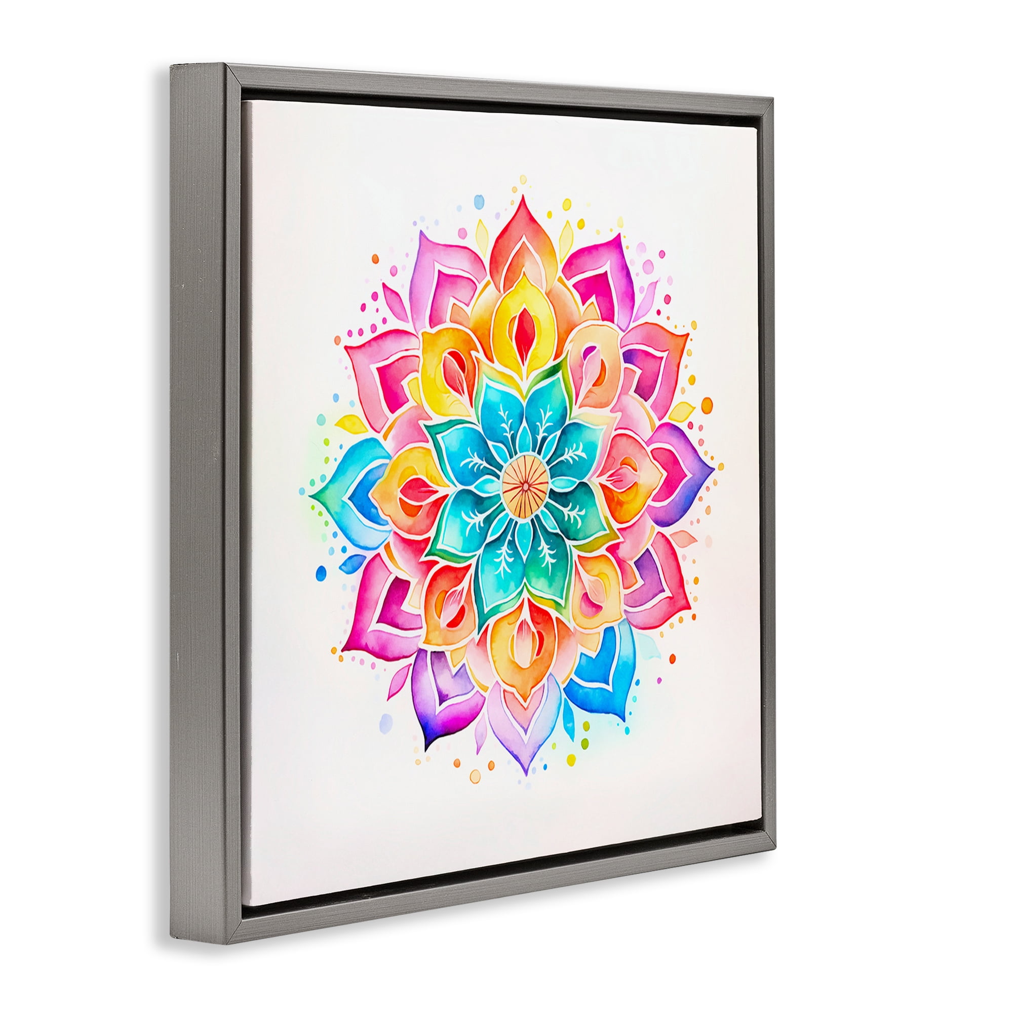 Stupell Industries Bright Rainbow Mandala Abstract Painting Gray Floater Framed Canvas Art Print Wall Art, 18 x 18