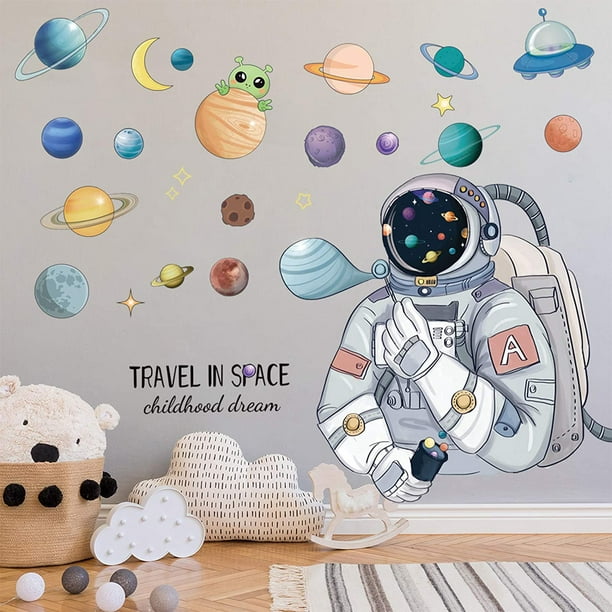 Astronaut Wall Stickers for Boys Bedroom, Cartoon Spaceman Outer Planet  Creative DIY Art Vinyl Removable Wall Decal, Star Spaceship UFO Glaxy  Wallpaper Decor for Kid's Room Nursery 