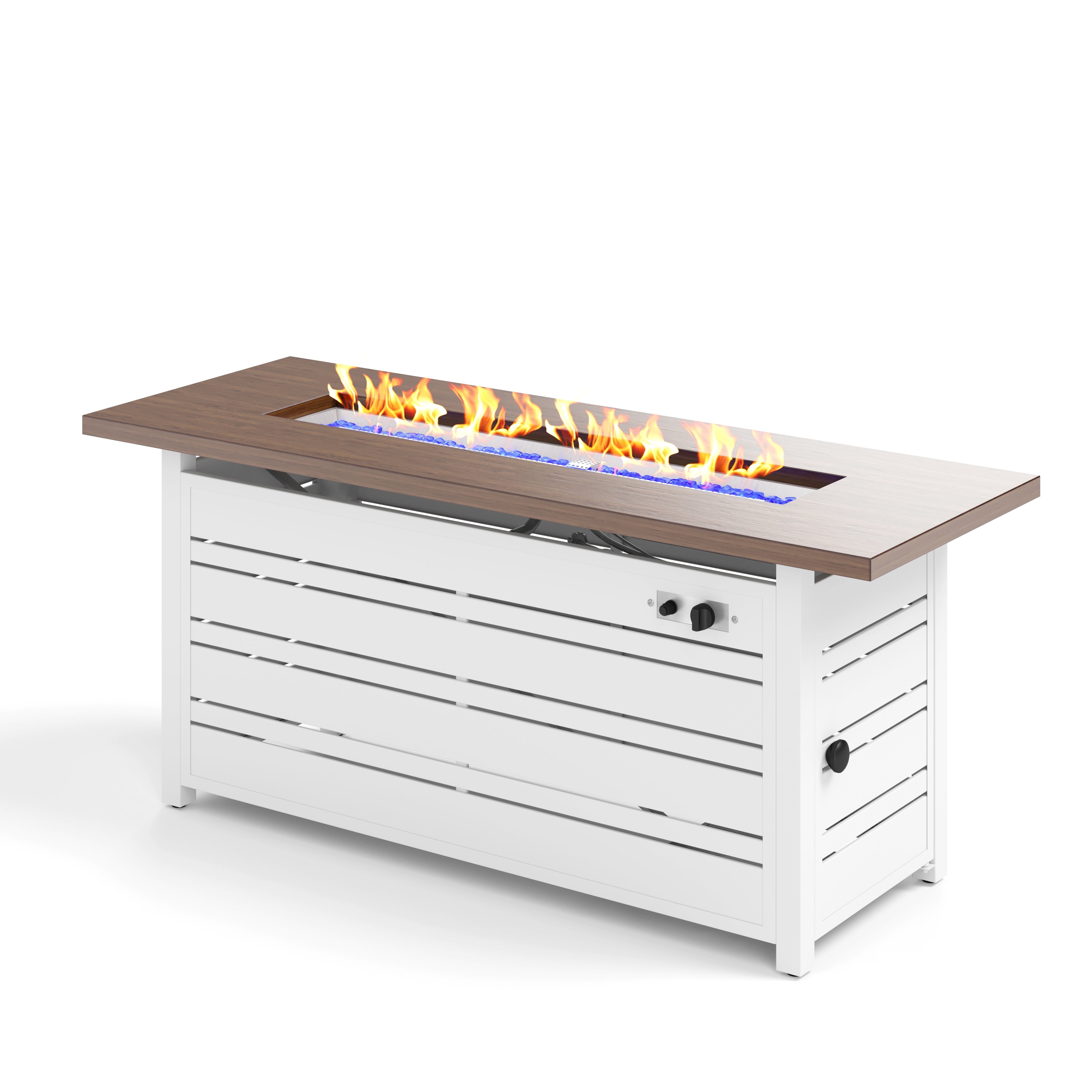 SUMMIT LIVING 56" Rectangular Propane Fire Pit Table, 50,000 BTU Gas Fire Pit with Lid and Blue Fire Glass, White