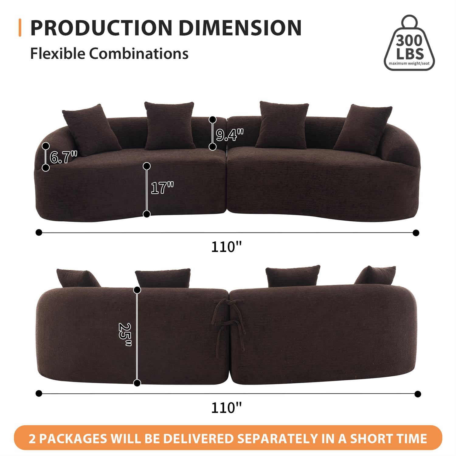 Demi Bonn 110"L Modular Sectional Sofa with Full Compression Sponge, Curved Design, High-Density Chenille Sleeper Couch for Living Room, 800 lbs Capacity, Brown