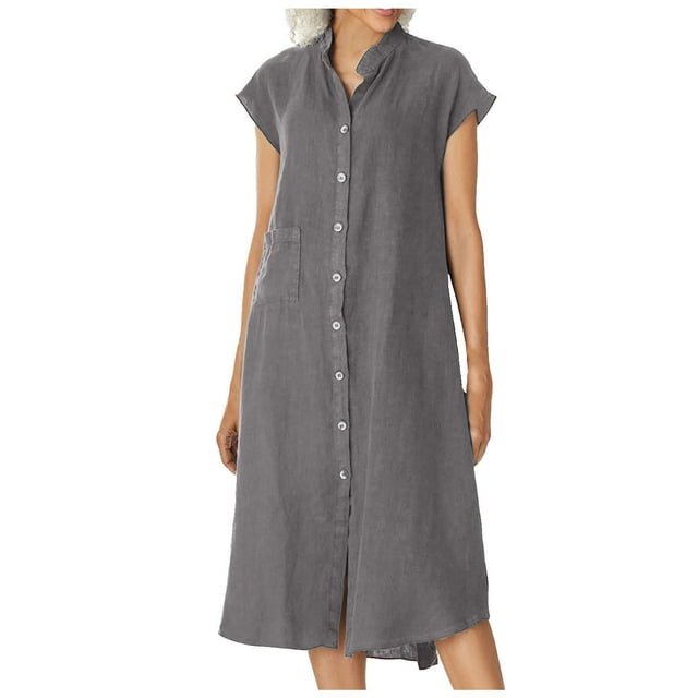 Ersazi Robes d'Été pour Femmes en Solde Mode Femmes Robe d'Été Boutonnée Décontractée Unie Col en V Manches Courtes Gris S