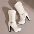 thumbnail image 4 of White Womens Belt Buckle Boots With Solid Color And Platform Heel Mid Calf High Heel For Chic And Comfortable Wear, 4 of 9