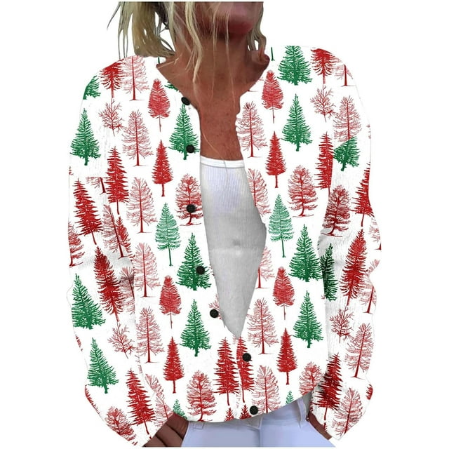 Christmas Plus Size Sweater for Women 2024 Cute Xmas Printed Cardigans Sweater Open Front Button Down Knit Jacket Coat