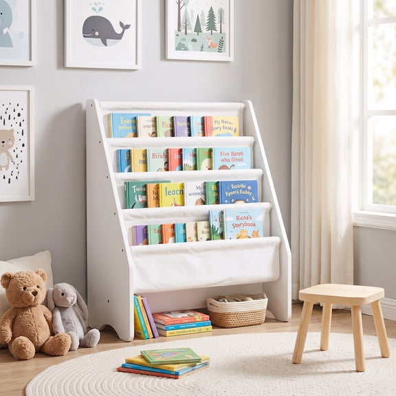 PAWON Kids Bookshelf Storage,Sling Bookshelf, 4-Tier White Toddler Book Storage Organizer