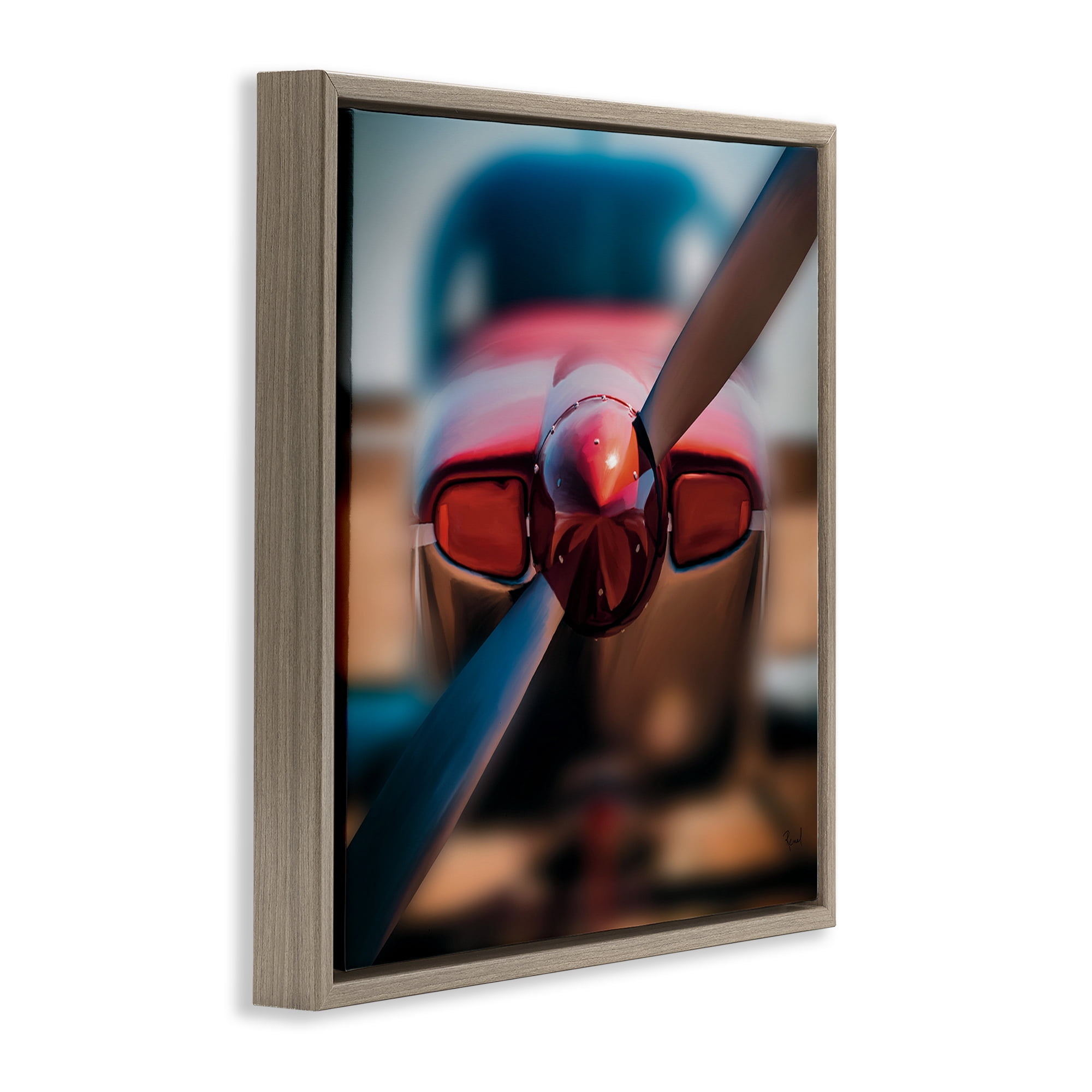 Stupell Industries Red Aircraft Propeller Brown Framed Floater Canvas Wall Art, design by Renel Peters